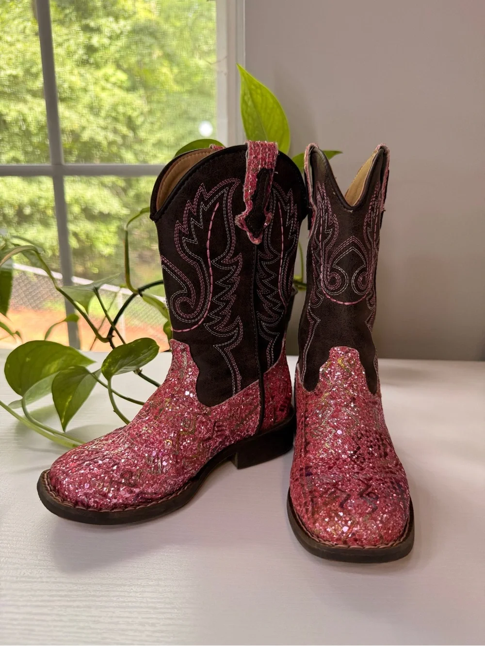 Roper Toddler Pink Glitter Aztec Square Toe Boot